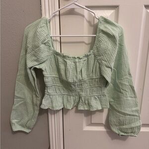 Green Smocked Puff Sleeve Blouse